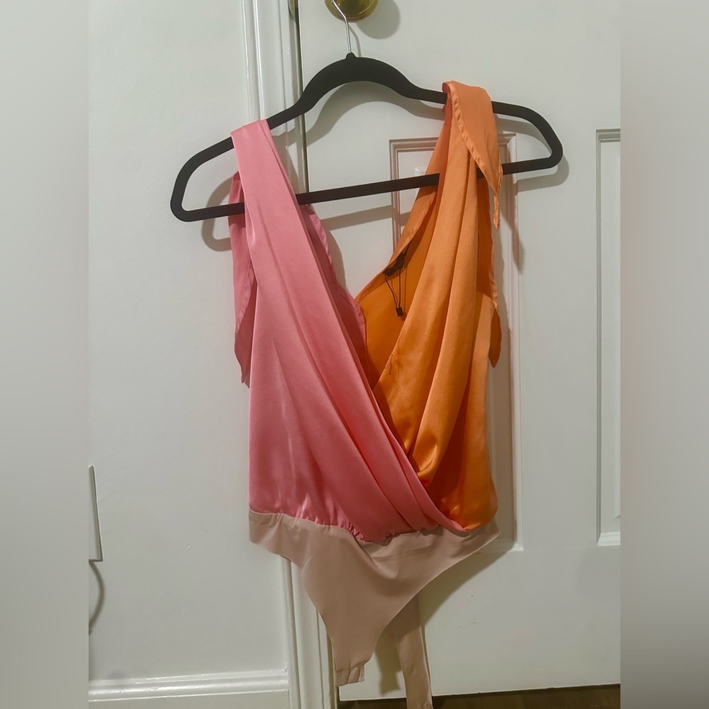 Pink/orange silk tie bodysuit - Picture 2 of 4